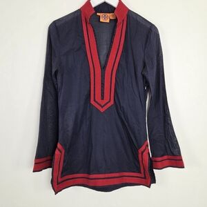 Tory Burch Long Sleeve Navy and Red V-Neck Cotton Side Zip Tunic Blouse Top 4